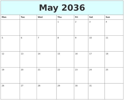 May 2036 Free Calendar