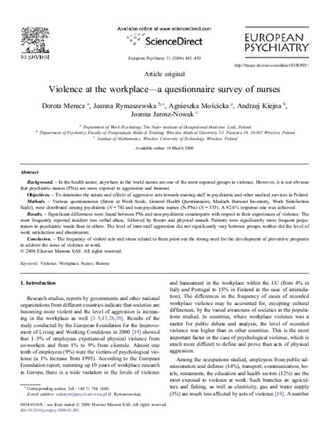 (PDF) Violence at the workplace—a questionnaire survey of nurses | Agnieszka Mościcka-Teske ...