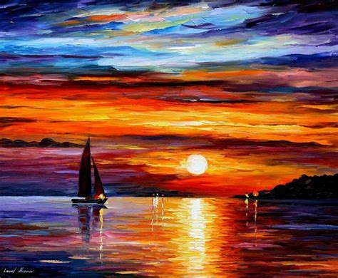 A Painting Of A Sailboat On The Water At Sunset