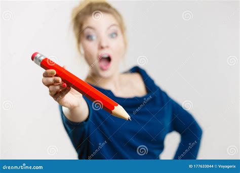 Happy Shocked Woman Holding Giving Big Pencil Stock Photo Image Of