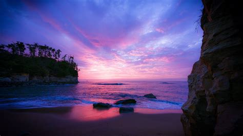 Desktop Wallpaper Purple Sky Sunset Nature Beach Hd Image Picture