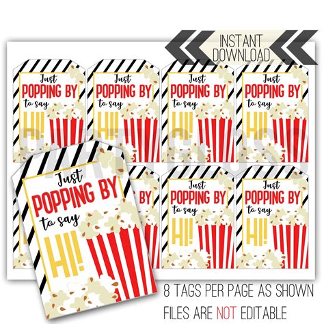 Popping By To Say Hi Printable Tag Popcorn Thank You Etsy