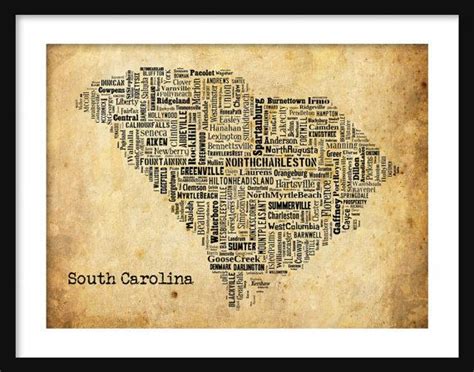 South Carolina State Map City Cities Typography Grunge Map Etsy