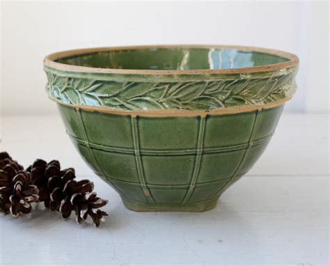 Vintage 1930s Green Pottery Bowl Green Glazed Yellow Ware