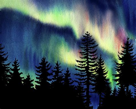 Beautiful Northern Aurora Borealis Lights With Forest Silhouette Watercolor Painting VI Painting