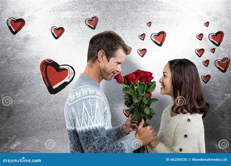 composite image of romantic couple holding red roses stock image image of holding female