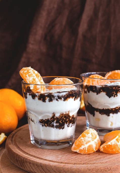 Whipped Cottage Cheese Mousse With Dark Chocolate And Mandarin Stock