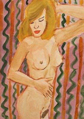 Vintage Watercolor Painting Naked Nude Woman Portrait Picclick