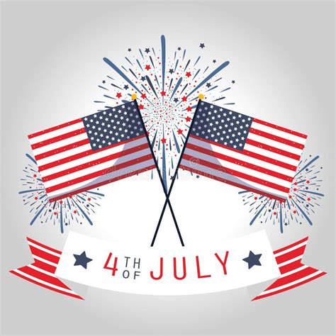 Usa Independence Day Flags Fireworks And Ribbon Vector Design Stock