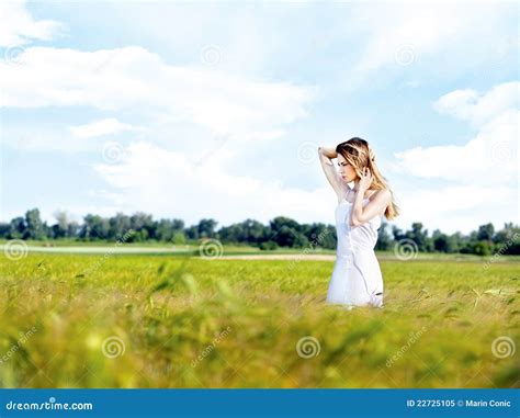 Woman At Wheat Field On Sunny Day Stock Image Image Of Outdoors Feed