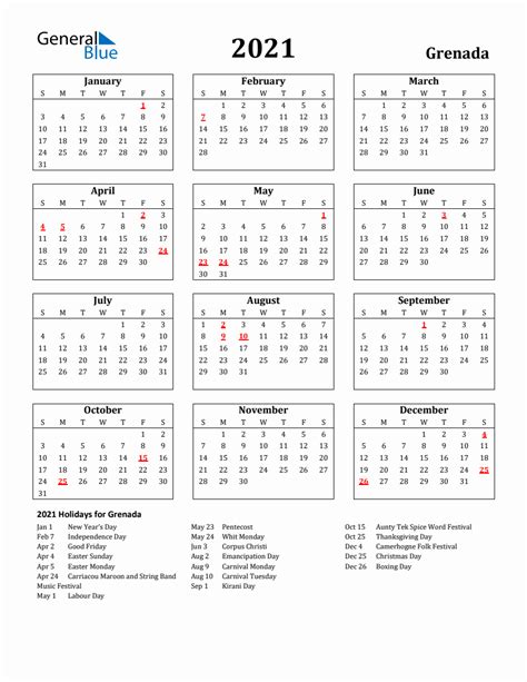 Free Printable 2021 Grenada Holiday Calendar
