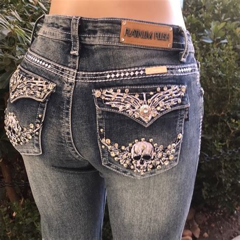 Platinum Plush Jeans Ladies Rhinestone Pocket Skull Bootcut Denim