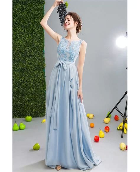 Flowy Blue Open Back Chiffon Prom Dress With Lace Beading Top Wholesale