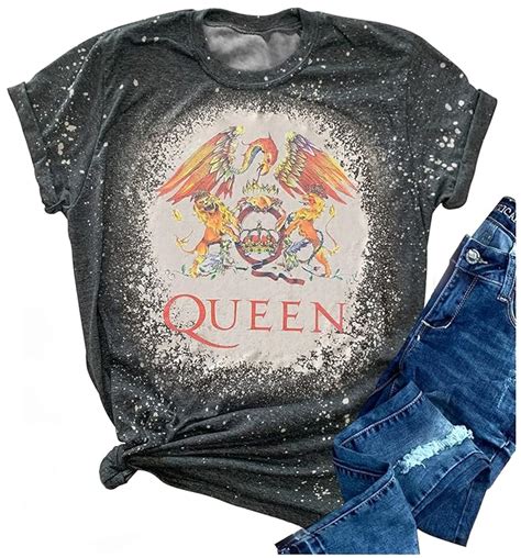 Buy Queen Bleached T Shirts For Women Vintage Retro Queen Band Rock Music Graphic Tees Shirt