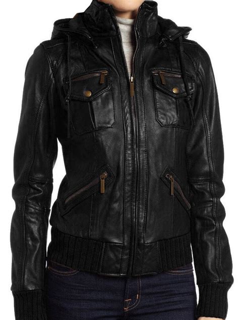 Womens Lambskin Detachable Hooded Leather Bomber Jacket Ebay