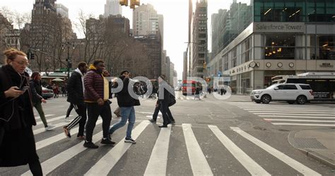 Crowd Of People Walking Crossing Street New York City Gimbal Side Angle