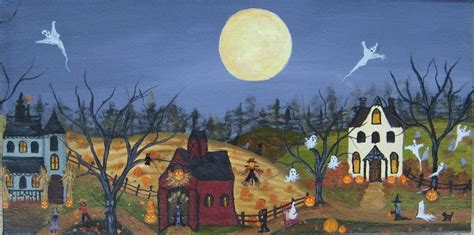 Halloween Painting Folk Art Painting Autumn Painting Etsy