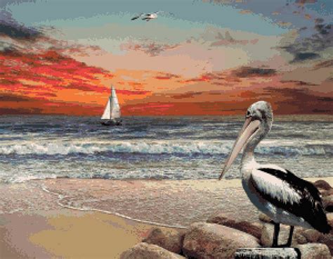 Ocean Sunset Counted Cross Stitch Pattern Pelican Beach Etsy