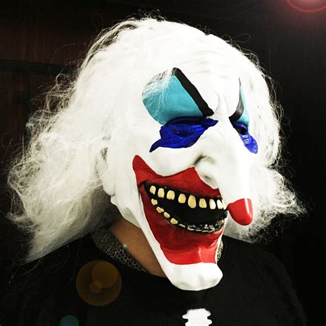 Latex Scary Clown Mask Big Mouth White Hair Nose Cosplay Full Face Horror Masquerade Adult Ghost