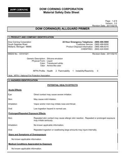 Dow Corning Corporation Material Safety Data Sheet Dow