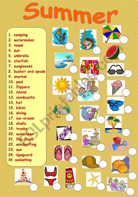 Summer Pictionary Matching Exercises Esl Worksheet By Yiotoula