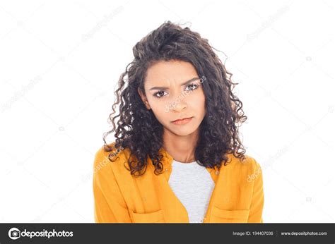 Portrait Sad African American Teenager Curly Hair Isolated White