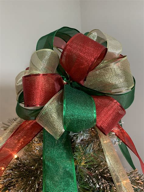 Large Sheer Gold Red And Green Ribbon Christmas Tree Topper Bow 8ft