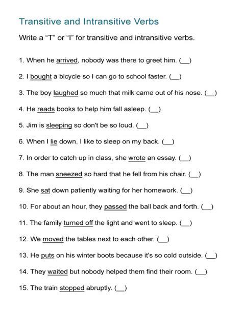 Transitive And Intransitive Verbs Worksheet Printable