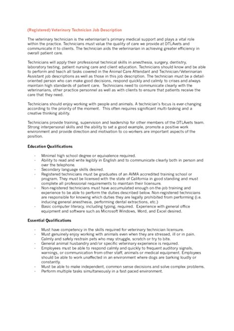 Veterinary assistant job description template. Veterinary Technician Job Description printable pdf download