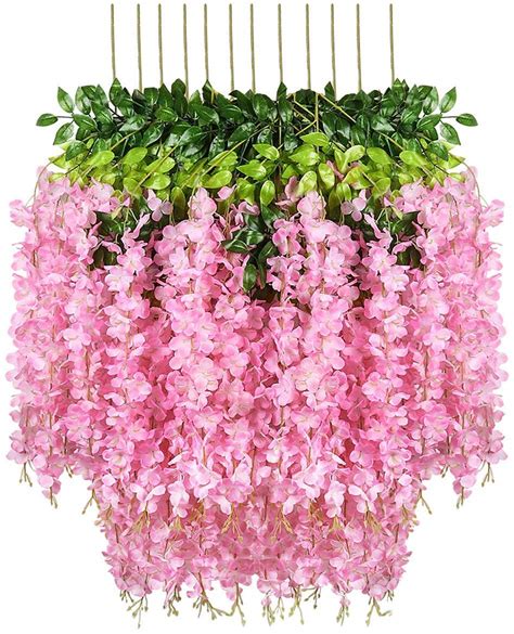 artificial hanging wisteria flower vine pink set of 6 home and kitchen