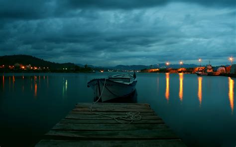 Wallpaper Landscape Lights Boat Sunset Sea Bay