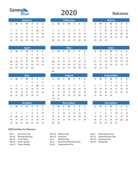2020 Bahamas Calendar With Holidays