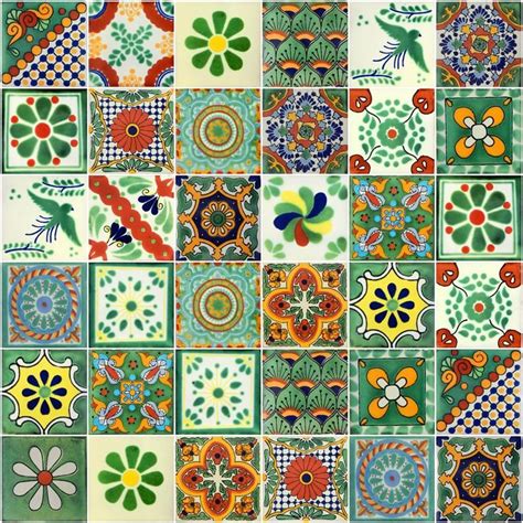 50 Pieces Mexican Talavera Tiles Handmade Green Mixed Designs Mexican