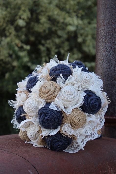 Navy Burlap And Lace Bridal Bouquet Rustic Wedding