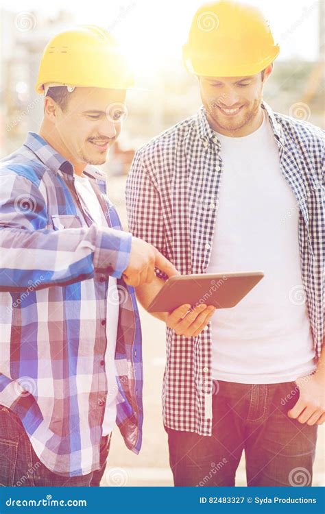 Smiling Builders With Tablet Pc Outdoors Stock Image Image Of