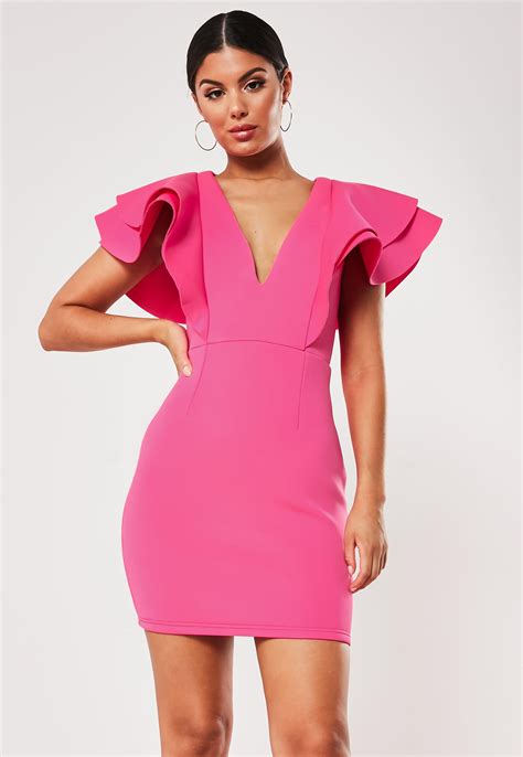 Pink Ruffle V Neck Scuba Mini Dress Missguided Ireland