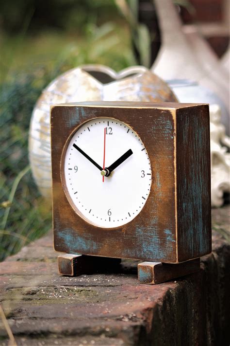 Desk Clock Brown Gold Turquoise Wooden Table Clock Unique Square Wood