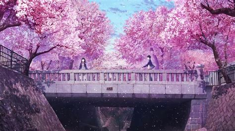 Anime Couple On Bridge With Cherry Blossom Live Wallpaper Wallpaperwaifu