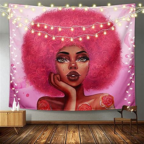Ezyes African Women Lady Tapestry Black Art Wall Tapestry Rose Pink Background Print Tapestries