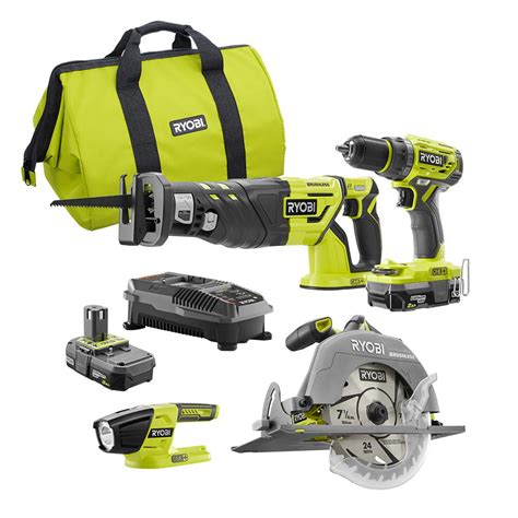 Ryobi 18 Volt Brushless 4 Power Tool Set Cordless Combo Kit 2 Batteries