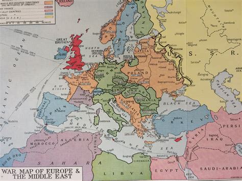 1940s War Map Of Europe And The Middle East Original Vintage Map Showing