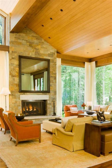 Transitional Living Room With Stone Fireplace And High Ceiling Hgtv