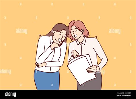 Women Colleagues Laugh At Joke Or Funny Story And Share Intimate Gossip About Company Employees