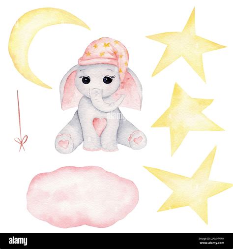 Lindo Elefante Bebé En Camisón Mano Dibujado Acuarela Ilustraciones