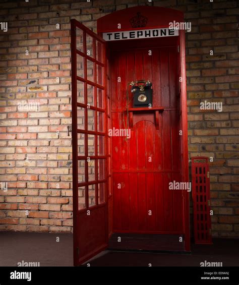 Full Length Image Of Red Public Telephone Booth With Old Fashioned