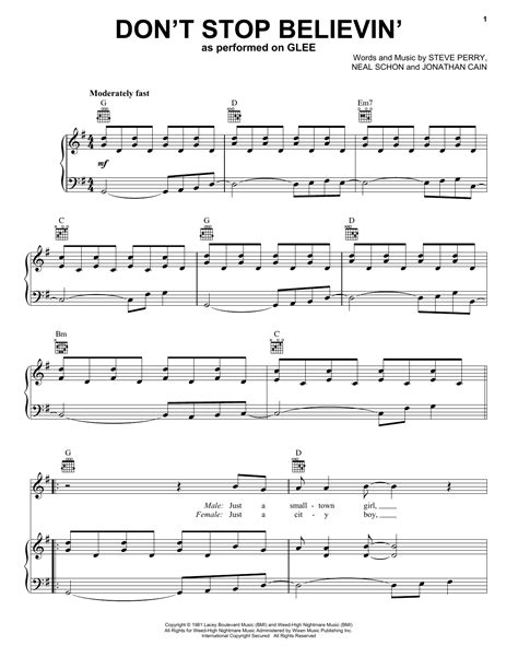 Dont Stop Believin Sheet Music Glee Cast Piano Vocal And Guitar