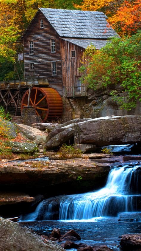 Man Made Watermill Waterfall Fall Tree Forest 1440x2560 Phone Hd