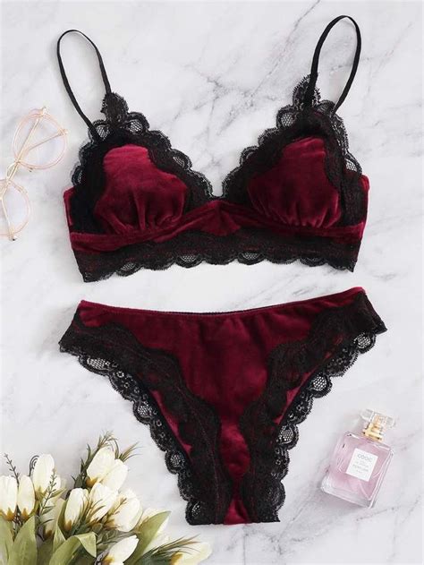 Sheinshein Scalloped Trim Lace Trim Lingerie Set Satin Lingerie Pretty