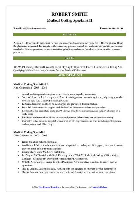 Medical Coding Specialist Resume Samples Qwikresume