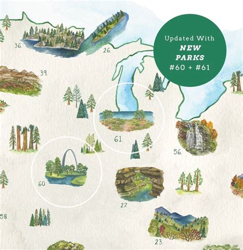An Illustrated Map Of The United States With Parks And Lakes In Each